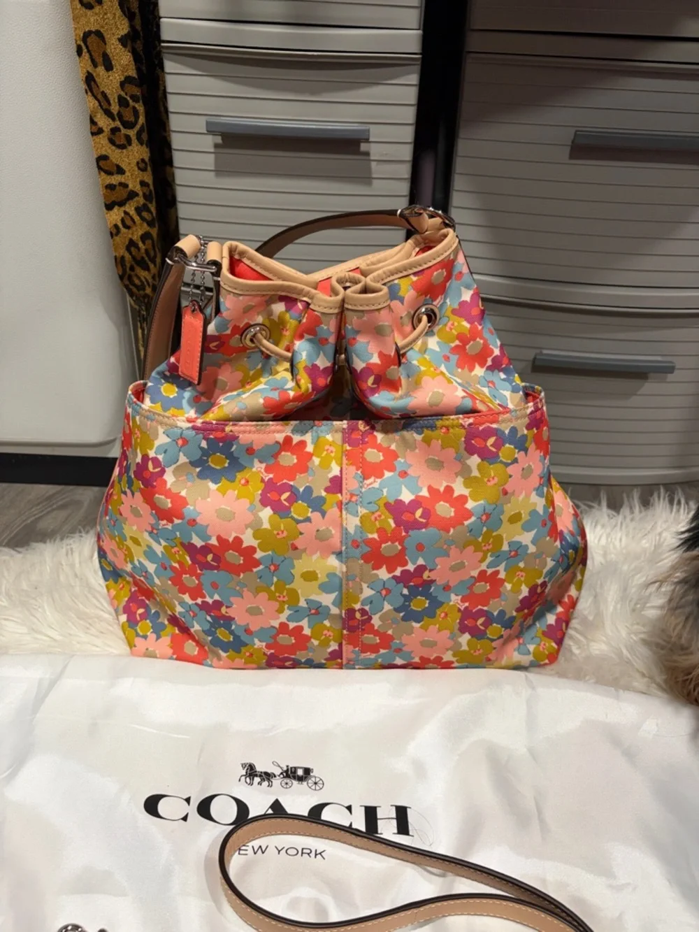 Coach Floral Drawstring Bucket Bag - Pink, Red, Blue, Yellow, Cream - Picture 4 of 15